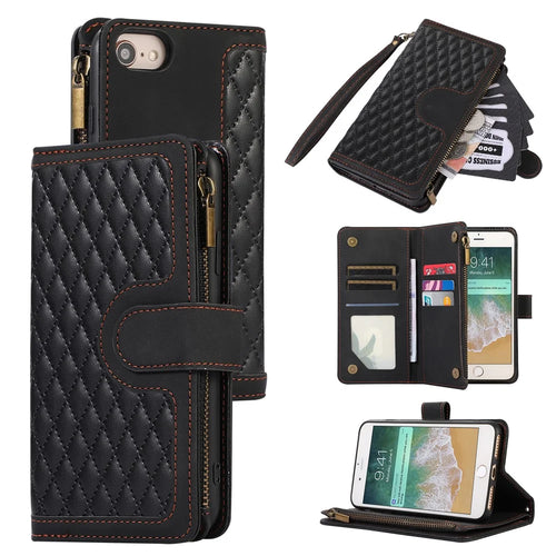 For iPhone 7 / 8 4.7 inch / SE (2022) / (2020) Imprinted Phone Case 9 Card Slots Leather Wallet Stand Cover with Zipper Pocket - Black - 1