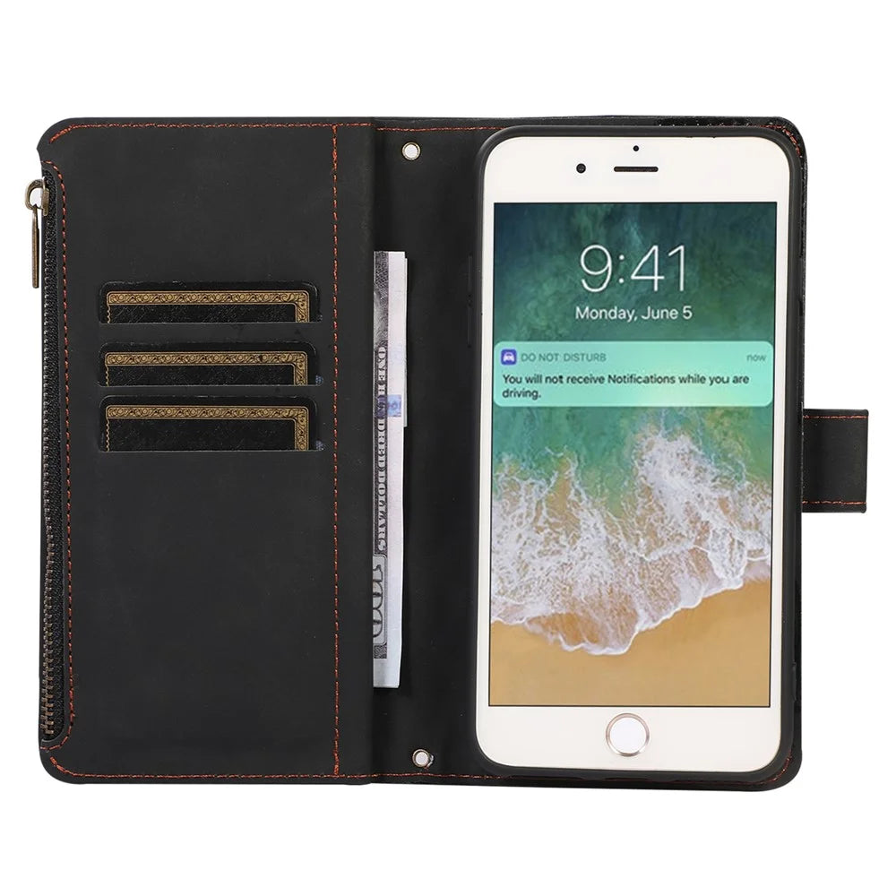 For iPhone 7 / 8 4.7 inch / SE (2022) / (2020) Imprinted Phone Case 9 Card Slots Leather Wallet Stand Cover with Zipper Pocket - Black - 2