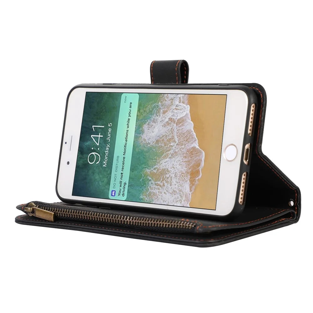 For iPhone 7 / 8 4.7 inch / SE (2022) / (2020) Imprinted Phone Case 9 Card Slots Leather Wallet Stand Cover with Zipper Pocket - Black - 3