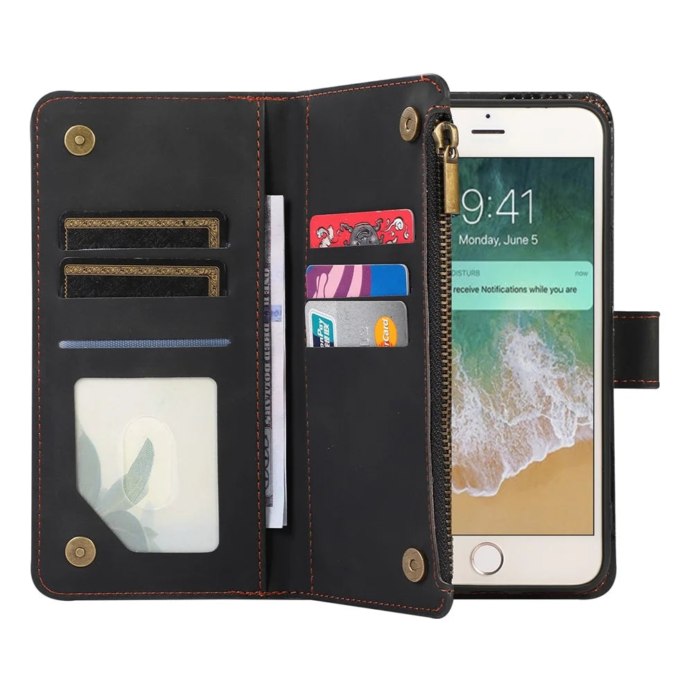 For iPhone 7 / 8 4.7 inch / SE (2022) / (2020) Imprinted Phone Case 9 Card Slots Leather Wallet Stand Cover with Zipper Pocket - Black - 5