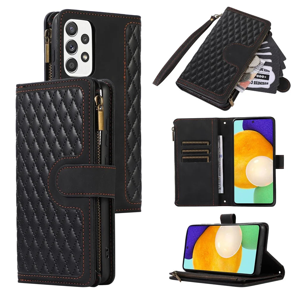For Samsung Galaxy A32 4G (EU Version) Rhombus Imprint Zipper Pocket Wallet Phone Case Leather Card Holder Stand Cover - Black - 1
