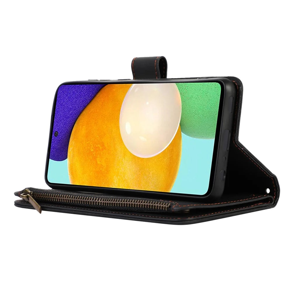 For Samsung Galaxy A32 4G (EU Version) Rhombus Imprint Zipper Pocket Wallet Phone Case Leather Card Holder Stand Cover - Black - 3