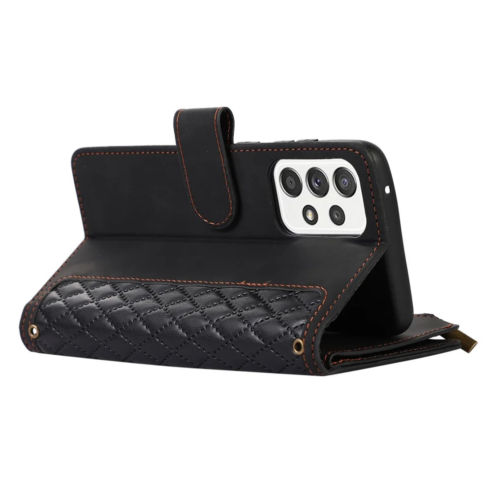 For Samsung Galaxy A32 4G (EU Version) Rhombus Imprint Zipper Pocket Wallet Phone Case Leather Card Holder Stand Cover - Black - 4