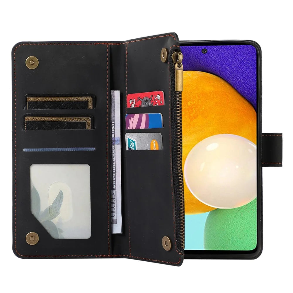 For Samsung Galaxy A32 4G (EU Version) Rhombus Imprint Zipper Pocket Wallet Phone Case Leather Card Holder Stand Cover - Black - 5