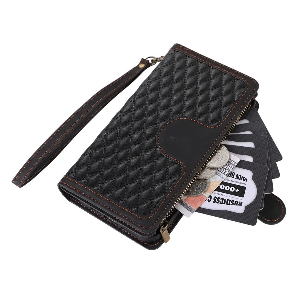 For Samsung Galaxy A32 4G (EU Version) Rhombus Imprint Zipper Pocket Wallet Phone Case Leather Card Holder Stand Cover - Black - 6