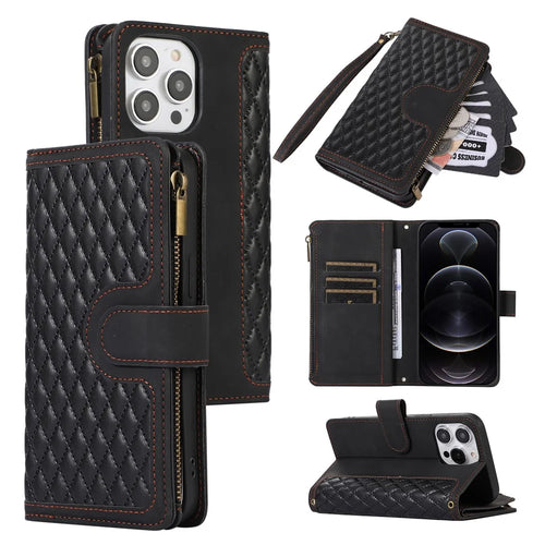 For iPhone 12 Pro Max 6.7 inch Leather Wallet Card Holder Phone Case Rhombus Imprinted Stand Cover with Zipper Pocket - Black - 1