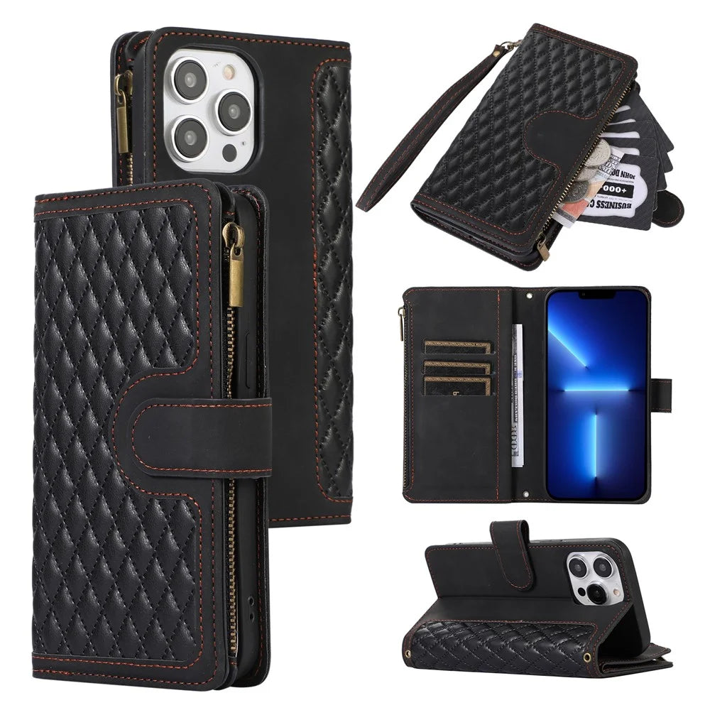 For iPhone 13 Pro Max 6.7 inch PU Leather 9 Card Slots Wallet Phone Case Imprinted Zipper Pocket Flip Stand Cover - Black - 1