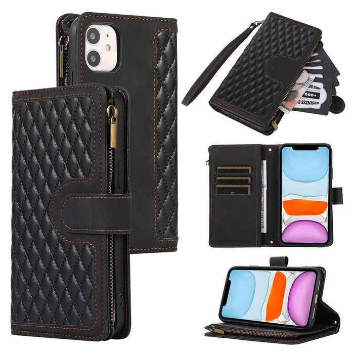 For iPhone 11 Zipper Pocket Leather Wallet Phone Case 9 Card Slots Rhombus Imprinted Stand Shell - Black - 1