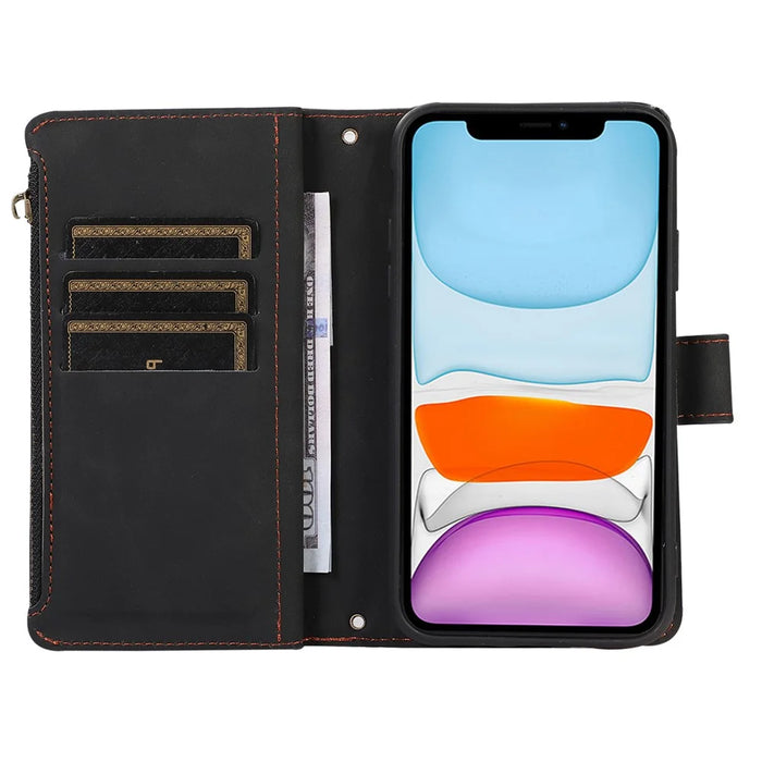 For iPhone 11 Zipper Pocket Leather Wallet Phone Case 9 Card Slots Rhombus Imprinted Stand Shell - Black - 2
