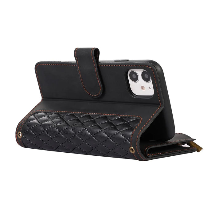 For iPhone 11 Zipper Pocket Leather Wallet Phone Case 9 Card Slots Rhombus Imprinted Stand Shell - Black - 4