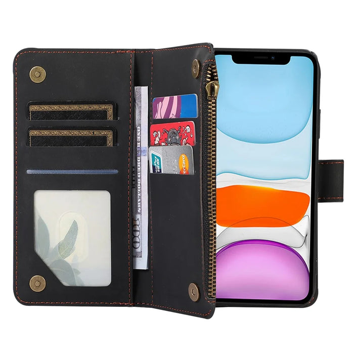 For iPhone 11 Zipper Pocket Leather Wallet Phone Case 9 Card Slots Rhombus Imprinted Stand Shell - Black - 5