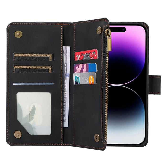 For iPhone 14 Pro Leather Wallet Stand Phone Case 9 Card Slots Zipper Pocket Rhombus Imprinted Shell - Black - 5