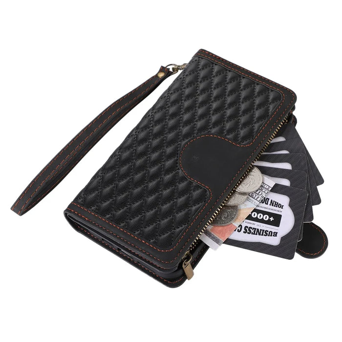 For iPhone 14 Pro Leather Wallet Stand Phone Case 9 Card Slots Zipper Pocket Rhombus Imprinted Shell - Black - 6