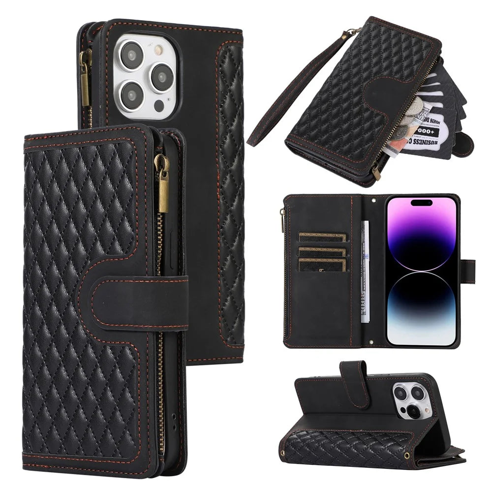 For iPhone 14 Pro Max PU Leather 9 Card Slots Phone Case Imprinted Zipper Pocket Wallet Cover with Stand - Black - 1