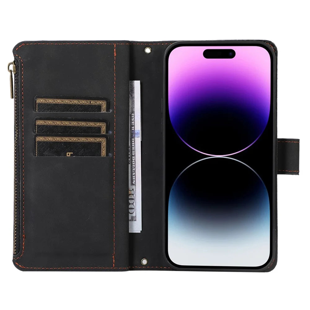 For iPhone 14 Pro Max PU Leather 9 Card Slots Phone Case Imprinted Zipper Pocket Wallet Cover with Stand - Black - 2