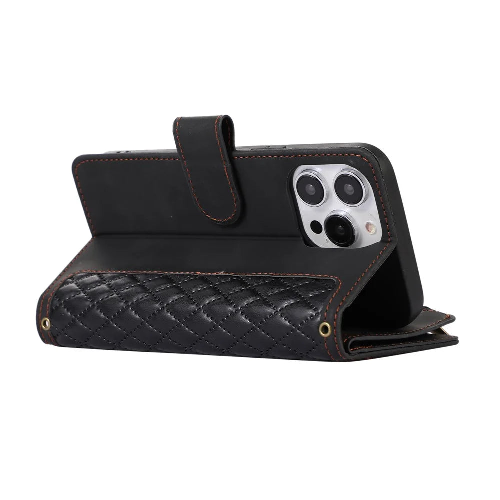 For iPhone 14 Pro Max PU Leather 9 Card Slots Phone Case Imprinted Zipper Pocket Wallet Cover with Stand - Black - 4