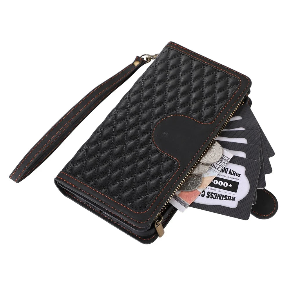 For iPhone 14 Pro Max PU Leather 9 Card Slots Phone Case Imprinted Zipper Pocket Wallet Cover with Stand - Black - 6