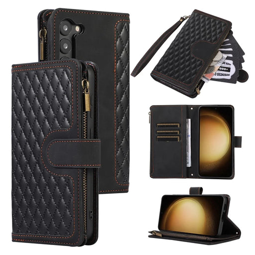 For Samsung Galaxy S23+ Zipper Pocket Leather Wallet Phone Case Rhombus Grid Card Holder Stand Cover - Black - 1