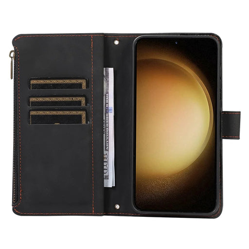 For Samsung Galaxy S23+ Zipper Pocket Leather Wallet Phone Case Rhombus Grid Card Holder Stand Cover - Black - 2