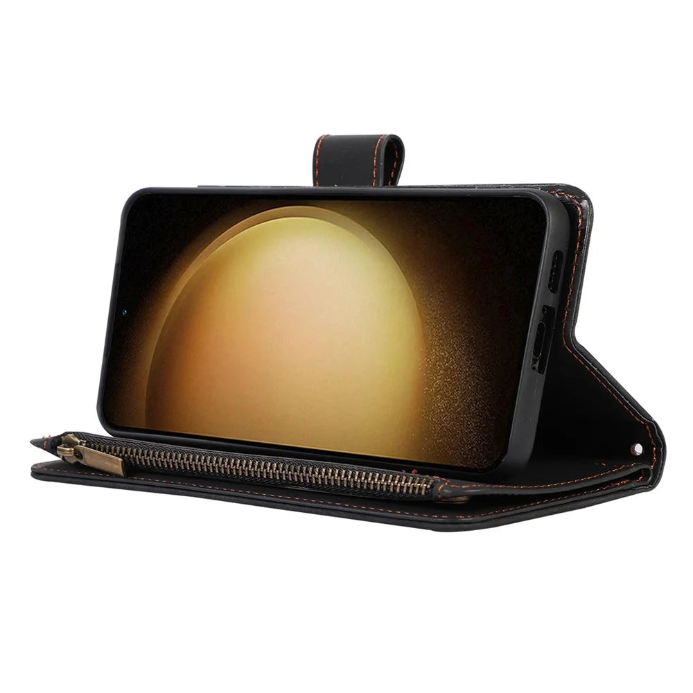 For Samsung Galaxy S23+ Zipper Pocket Leather Wallet Phone Case Rhombus Grid Card Holder Stand Cover - Black - 3