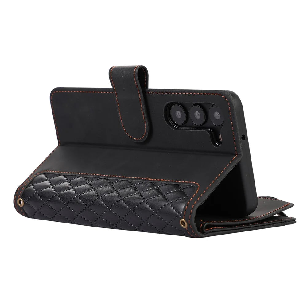For Samsung Galaxy S23+ Zipper Pocket Leather Wallet Phone Case Rhombus Grid Card Holder Stand Cover - Black - 4