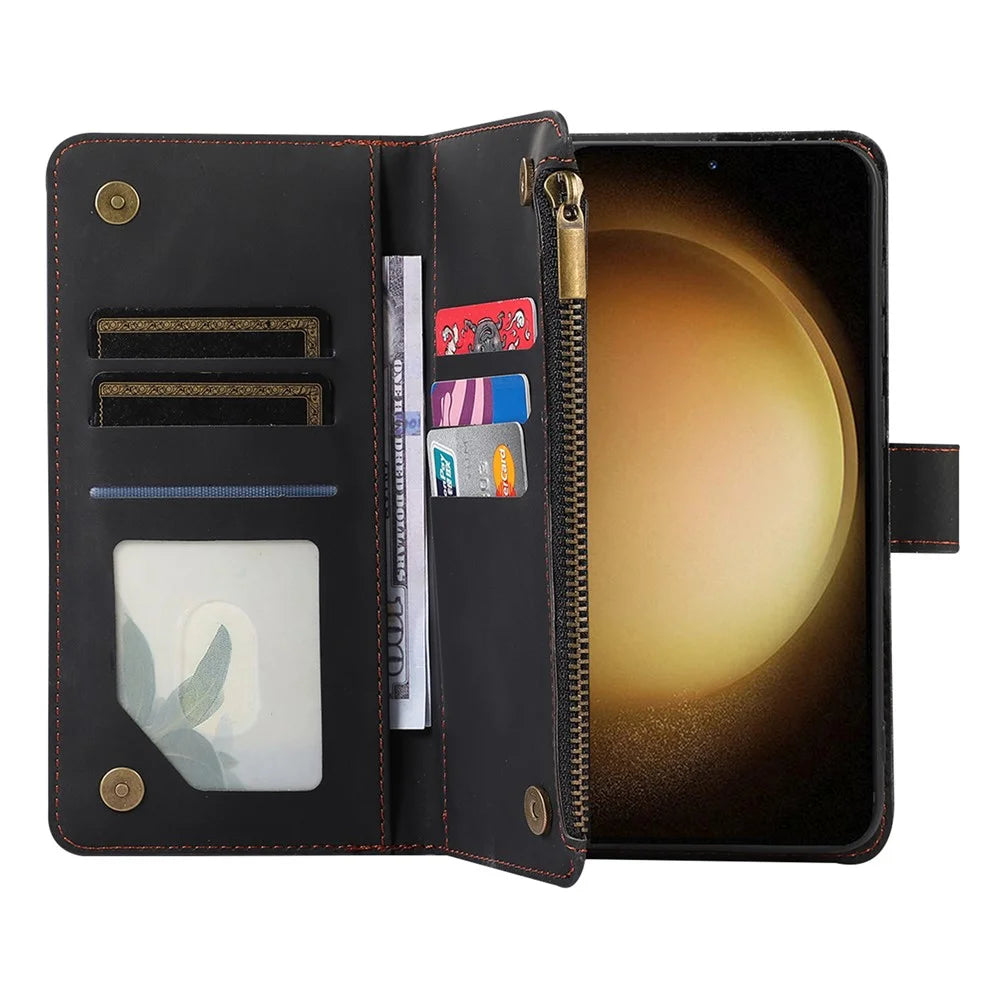 For Samsung Galaxy S23+ Zipper Pocket Leather Wallet Phone Case Rhombus Grid Card Holder Stand Cover - Black - 5