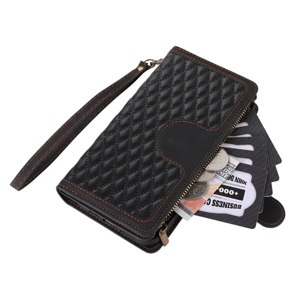 For Samsung Galaxy S23+ Zipper Pocket Leather Wallet Phone Case Rhombus Grid Card Holder Stand Cover - Black - 6