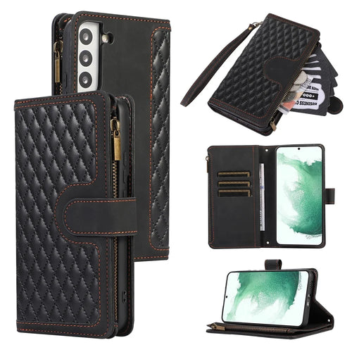 For Samsung Galaxy S22 5G 9 Card Slots Zipper Pocket PU Leather Phone Case Rhombus Imprint Stand Wallet Cover - Black - 1