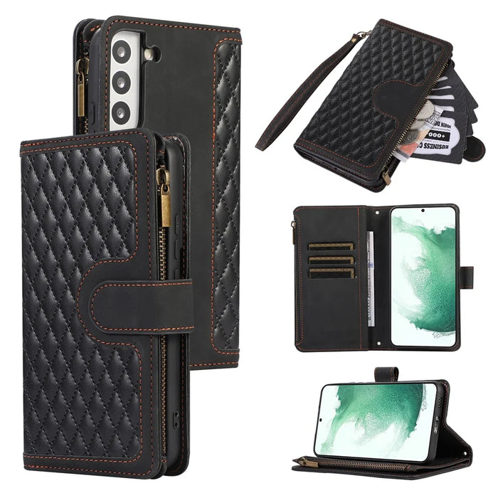 For Samsung Galaxy S22 5G 9 Card Slots Zipper Pocket PU Leather Phone Case Rhombus Imprint Stand Wallet Cover - Black - 1