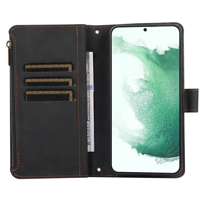 For Samsung Galaxy S22 5G 9 Card Slots Zipper Pocket PU Leather Phone Case Rhombus Imprint Stand Wallet Cover - Black - 2
