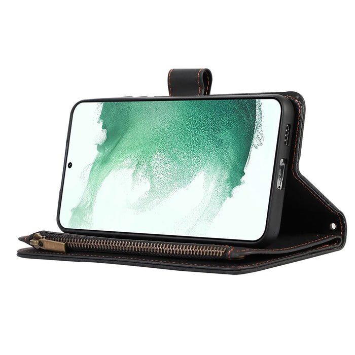 For Samsung Galaxy S22 5G 9 Card Slots Zipper Pocket PU Leather Phone Case Rhombus Imprint Stand Wallet Cover - Black - 3