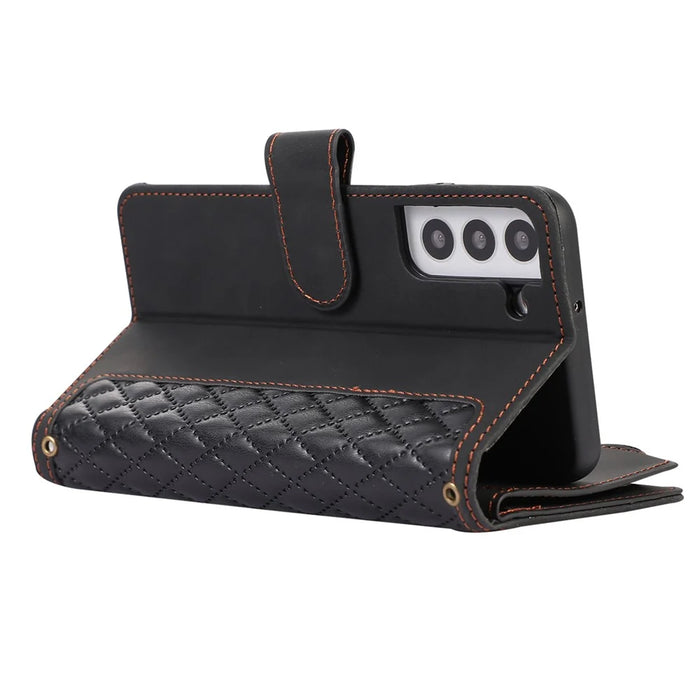 For Samsung Galaxy S22 5G 9 Card Slots Zipper Pocket PU Leather Phone Case Rhombus Imprint Stand Wallet Cover - Black - 4