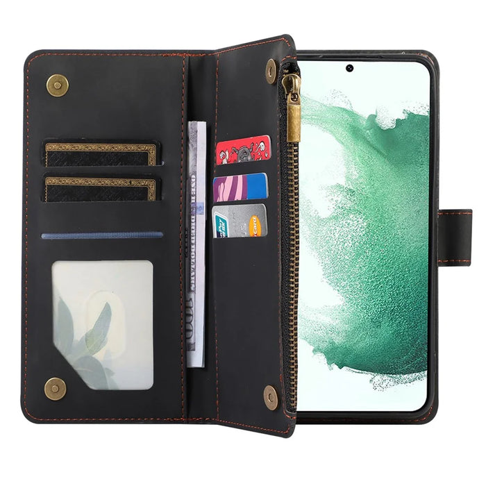 For Samsung Galaxy S22 5G 9 Card Slots Zipper Pocket PU Leather Phone Case Rhombus Imprint Stand Wallet Cover - Black - 5