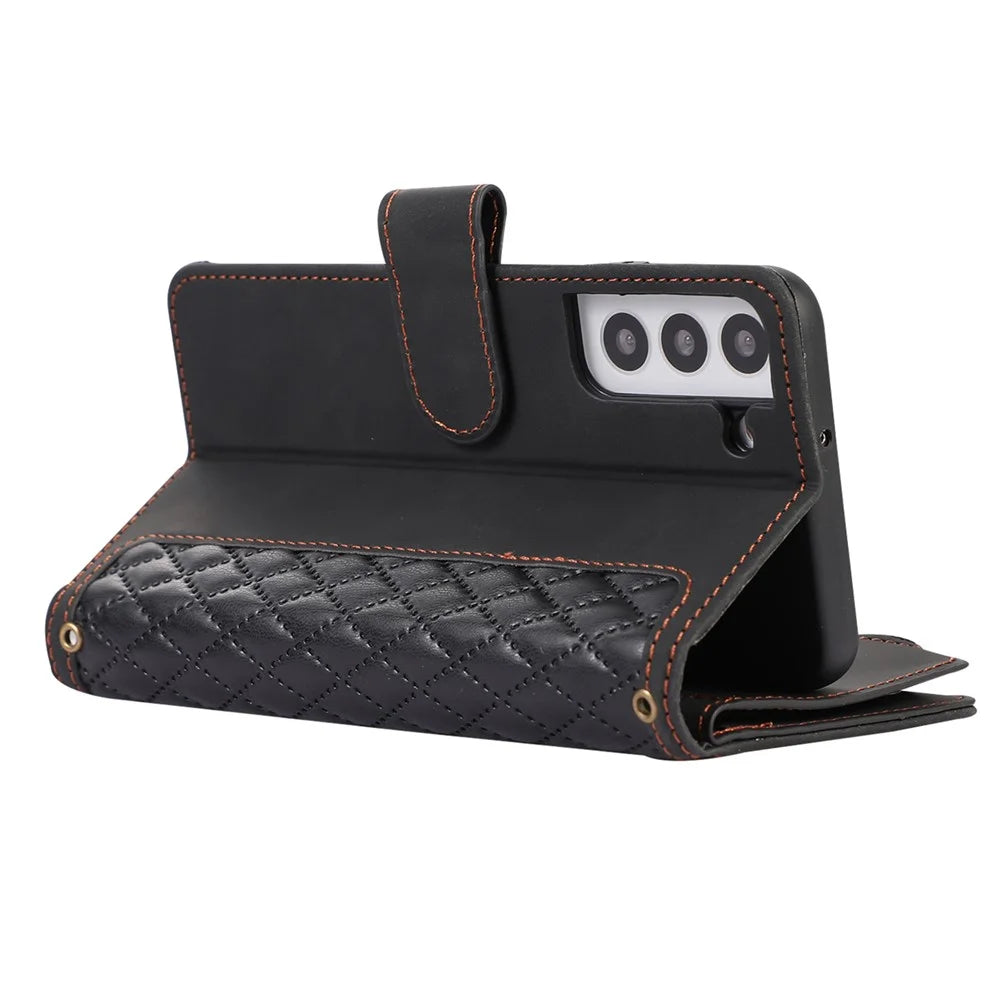 Leather Phone Case for Samsung Galaxy S22+ 5G 9 Card Slots Zipper Pocket Rhombus Imprint Stand Wallet Cover - Black - 4