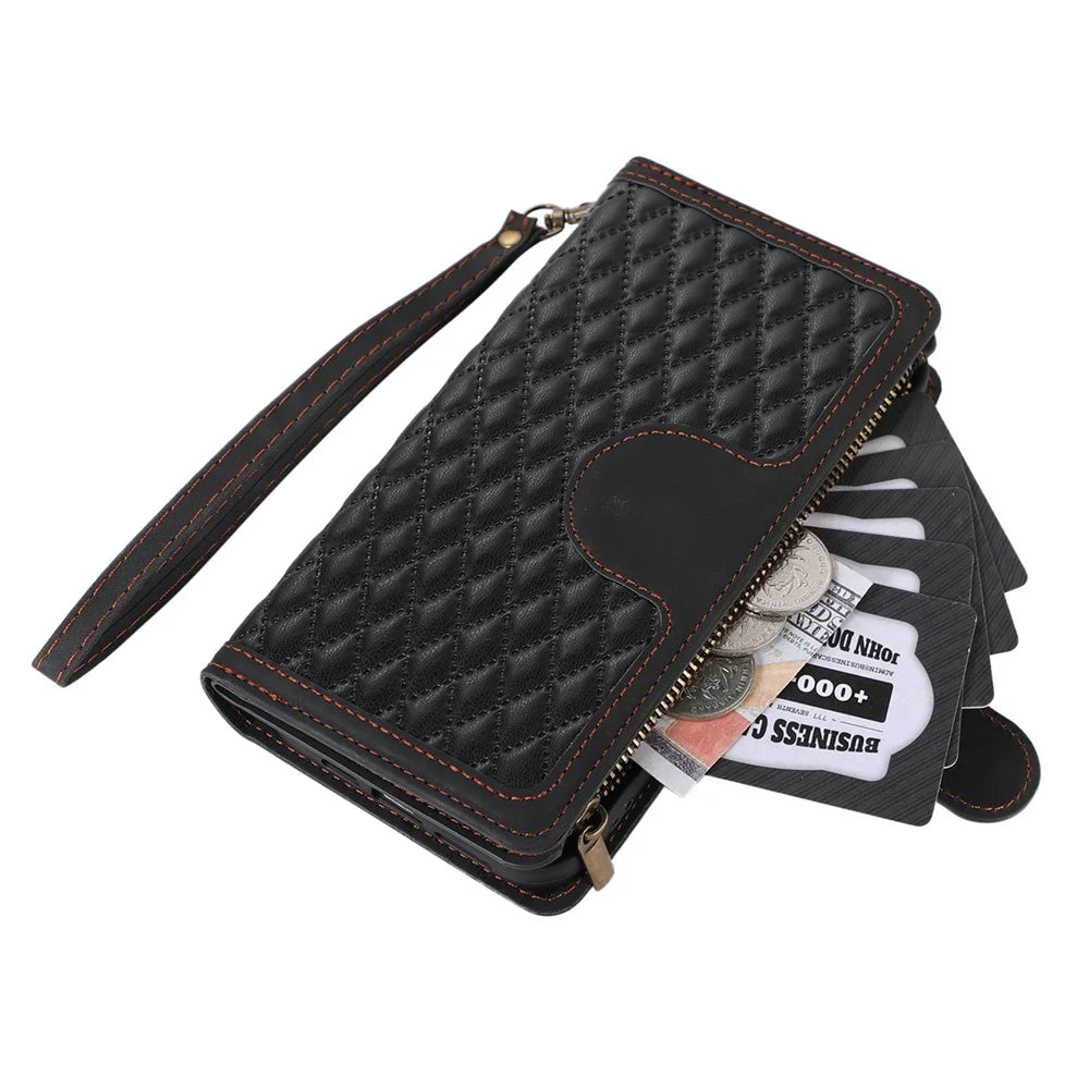 Leather Phone Case for Samsung Galaxy S22+ 5G 9 Card Slots Zipper Pocket Rhombus Imprint Stand Wallet Cover - Black - 6