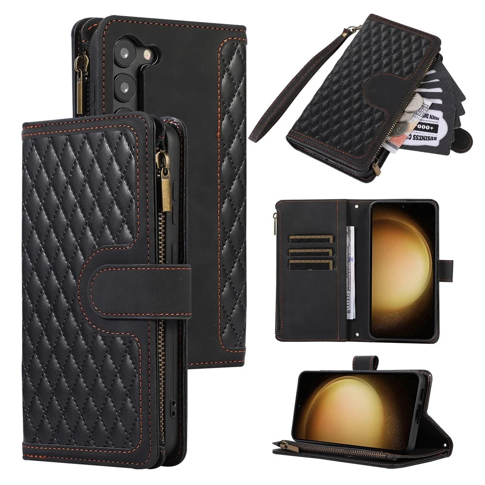 Leather Phone Case for Samsung Galaxy S23 Zipper Pocket Rhombus Imprint Stand Wallet Cover with 9 Card Slots - Black - 1
