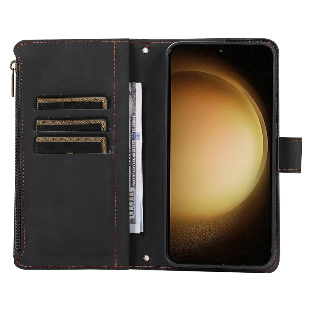 Leather Phone Case for Samsung Galaxy S23 Zipper Pocket Rhombus Imprint Stand Wallet Cover with 9 Card Slots - Black - 2