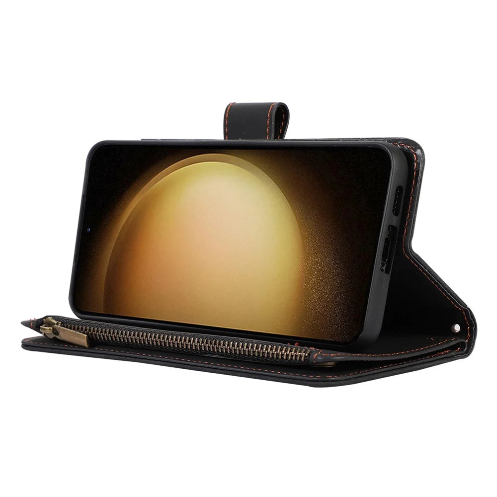 Leather Phone Case for Samsung Galaxy S23 Zipper Pocket Rhombus Imprint Stand Wallet Cover with 9 Card Slots - Black - 3