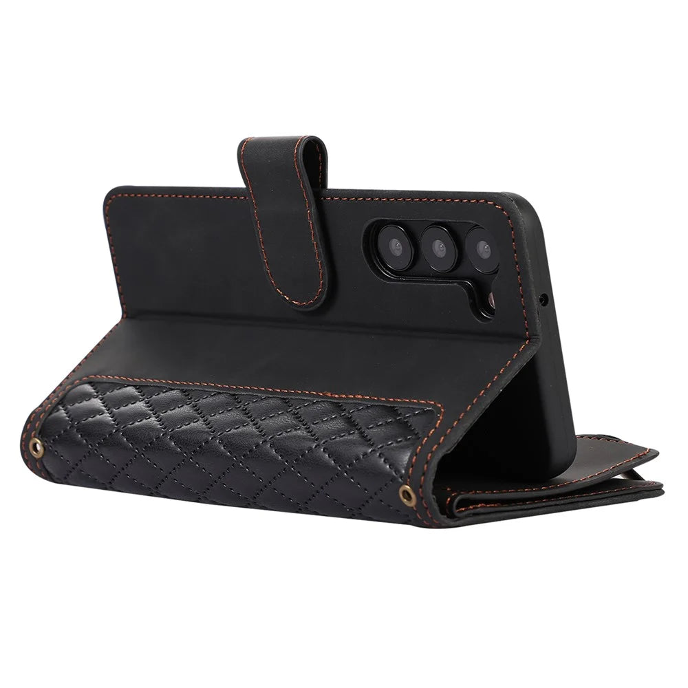 Leather Phone Case for Samsung Galaxy S23 Zipper Pocket Rhombus Imprint Stand Wallet Cover with 9 Card Slots - Black - 4