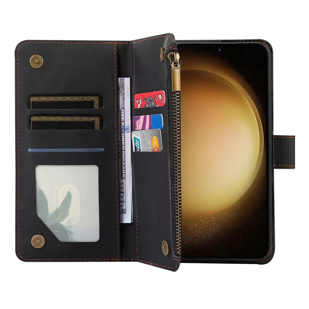 Leather Phone Case for Samsung Galaxy S23 Zipper Pocket Rhombus Imprint Stand Wallet Cover with 9 Card Slots - Black - 5