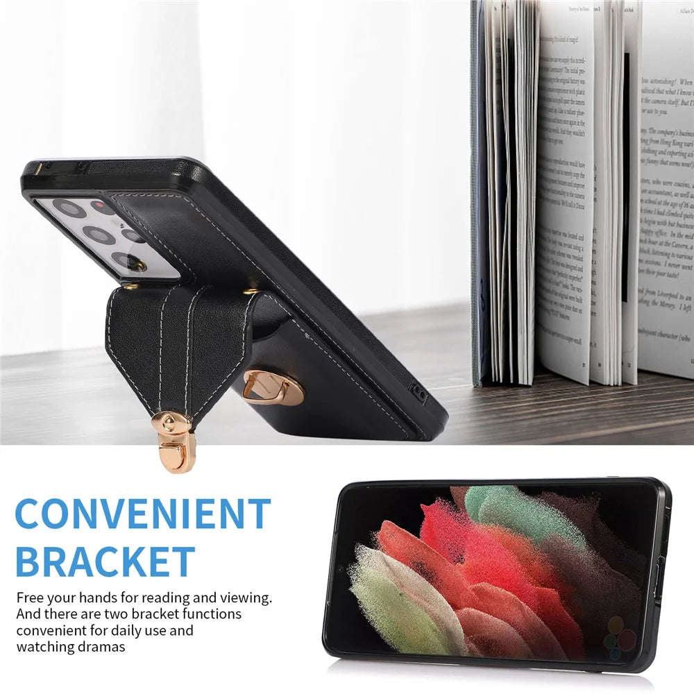 Phone Cover for Samsung Galaxy S22 Ultra 5G Card Holder Kickstand PU Leather+TPU Case with Shoulder Strap - Black - 2