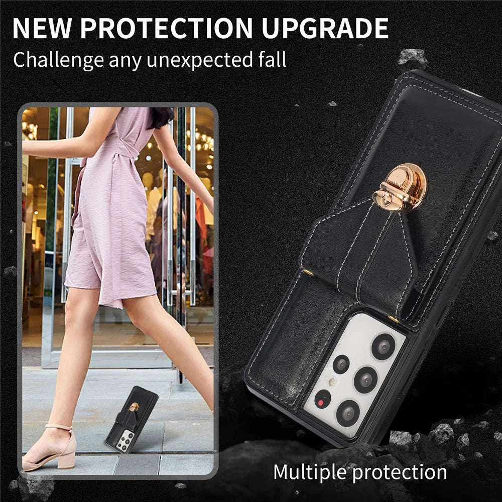 Phone Cover for Samsung Galaxy S22 Ultra 5G Card Holder Kickstand PU Leather+TPU Case with Shoulder Strap - Black - 5