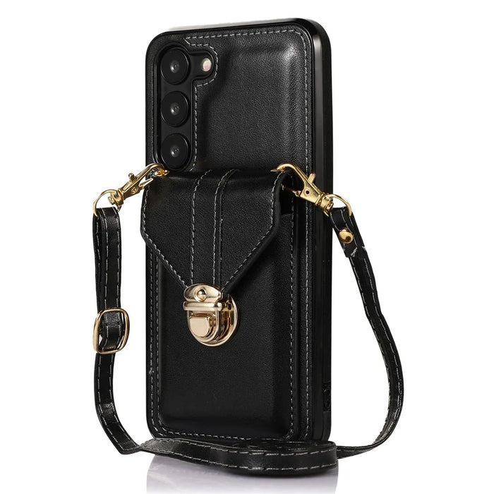 Phone Cover for Samsung Galaxy S23+ PU Leather+TPU Card Holder Kickstand Case with Shoulder Strap - Black - 1