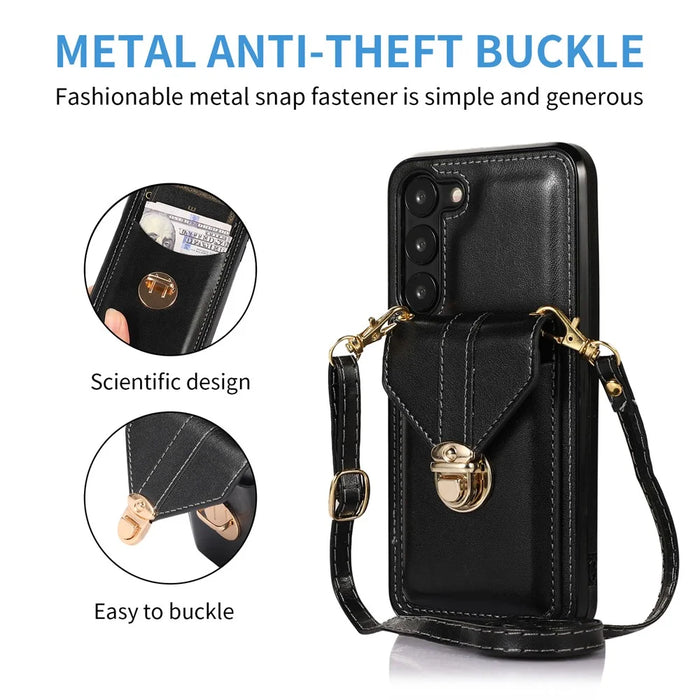 Phone Cover for Samsung Galaxy S23+ PU Leather+TPU Card Holder Kickstand Case with Shoulder Strap - Black - 7