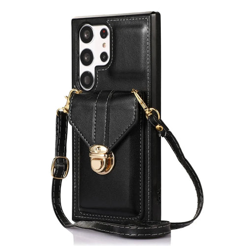 For Samsung Galaxy S23 Ultra Card Holder Phone Cover Kickstand PU Leather+TPU Case with Shoulder Strap - Black - 1