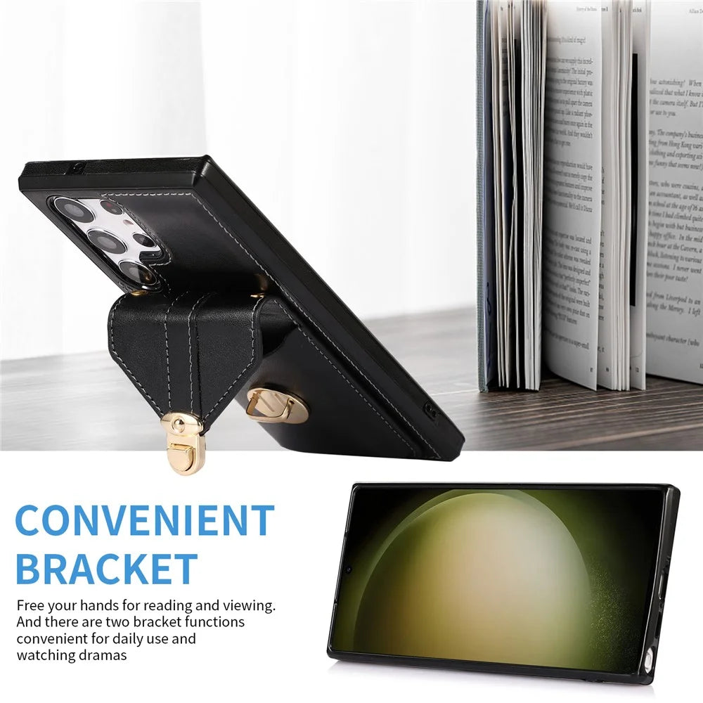For Samsung Galaxy S23 Ultra Card Holder Phone Cover Kickstand PU Leather+TPU Case with Shoulder Strap - Black - 2