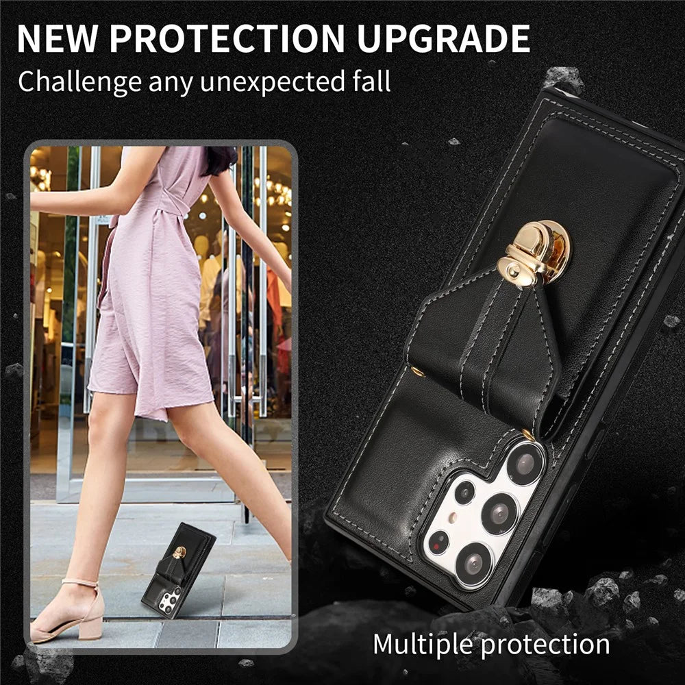 For Samsung Galaxy S23 Ultra Card Holder Phone Cover Kickstand PU Leather+TPU Case with Shoulder Strap - Black - 5