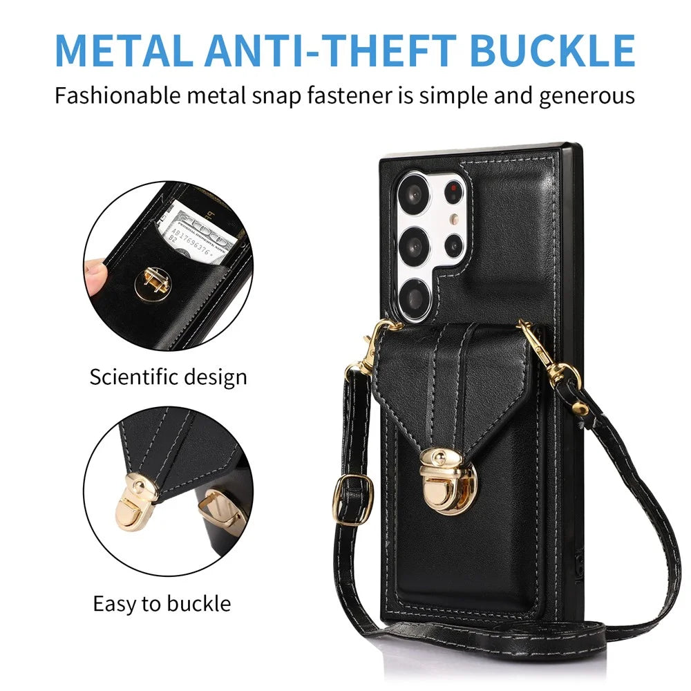 For Samsung Galaxy S23 Ultra Card Holder Phone Cover Kickstand PU Leather+TPU Case with Shoulder Strap - Black - 7