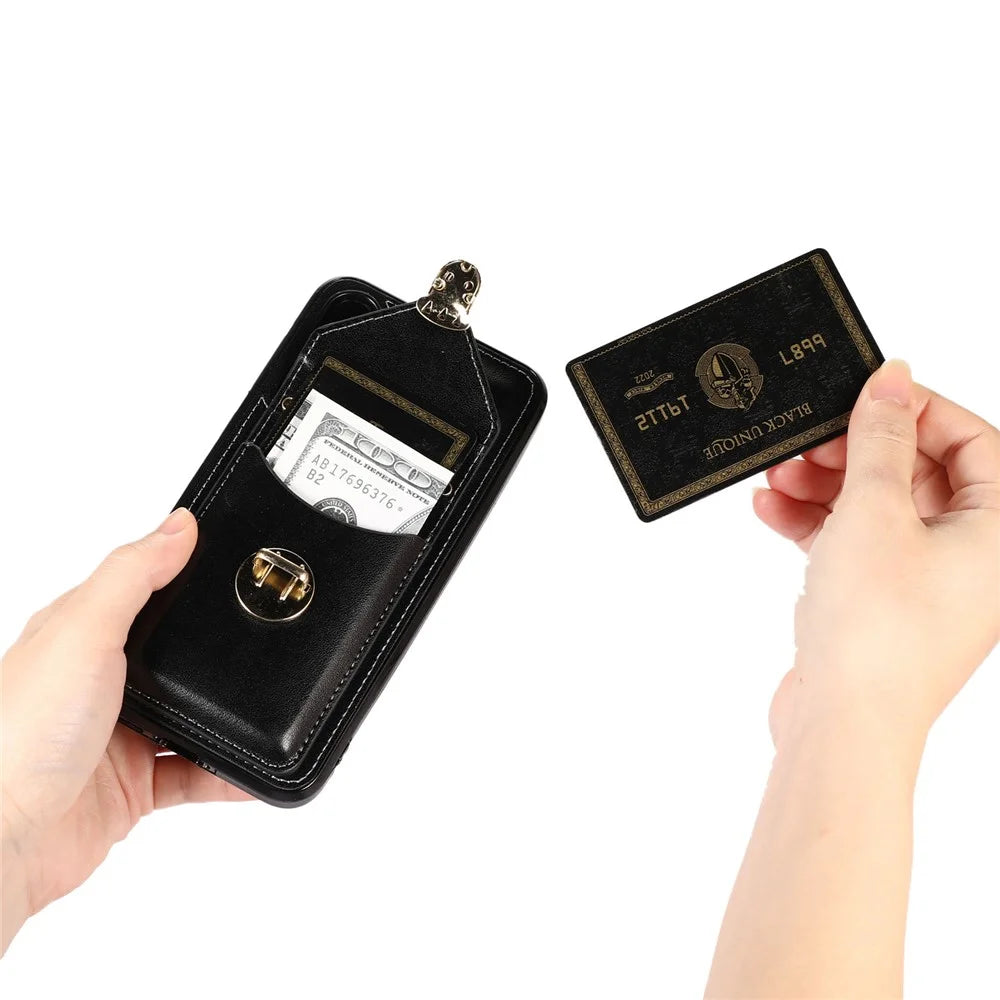 PU Leather+TPU Case for Samsung Galaxy S23 Card Holder Kickstand Phone Cover with Shoulder Strap - Black - 3