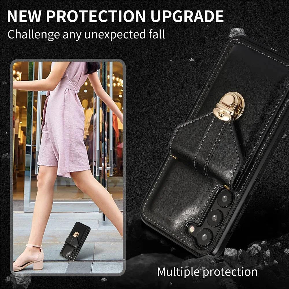 PU Leather+TPU Case for Samsung Galaxy S23 Card Holder Kickstand Phone Cover with Shoulder Strap - Black - 5